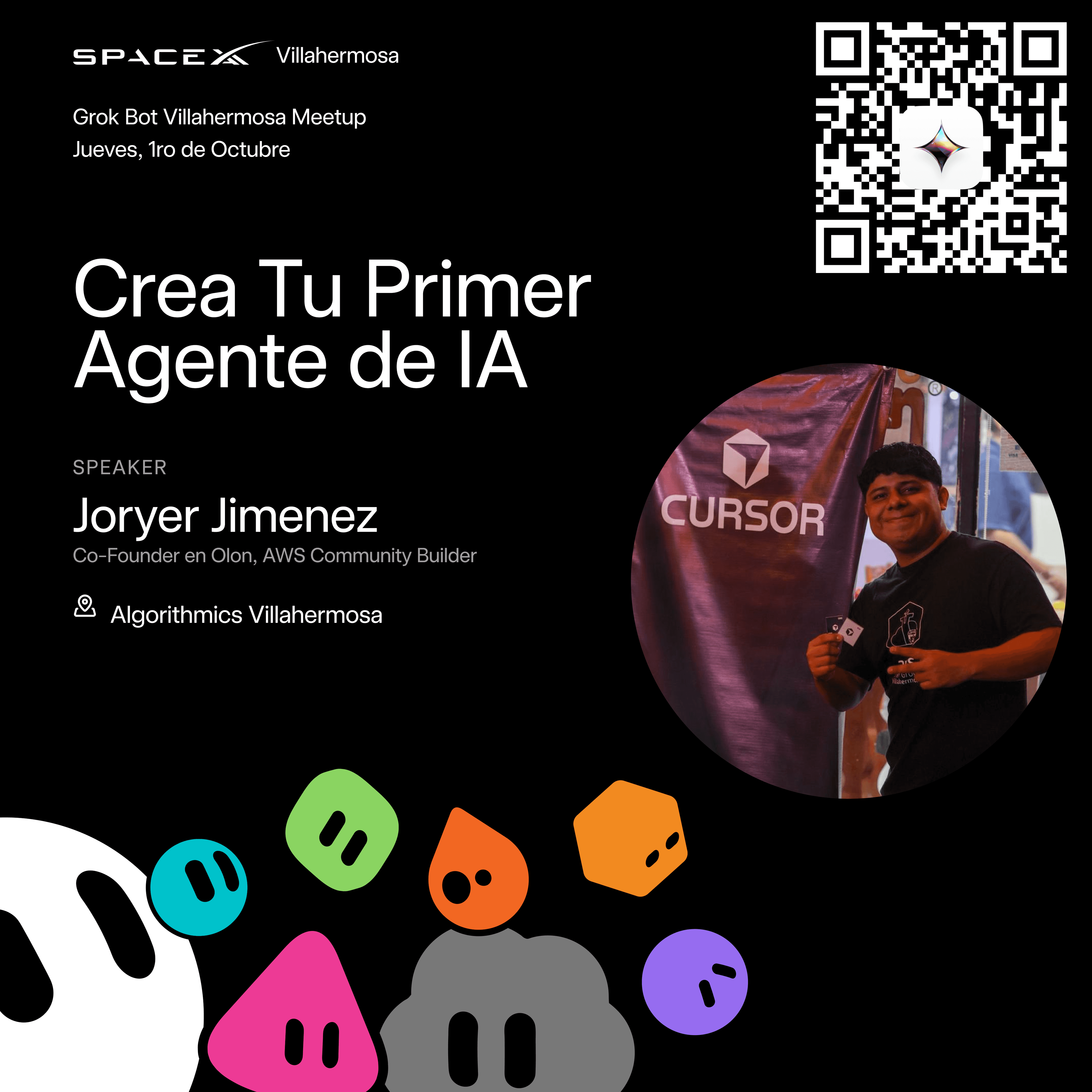 Flyer de la charla Crea Tu Primer Agente de IA, de Joryer Jimenez
